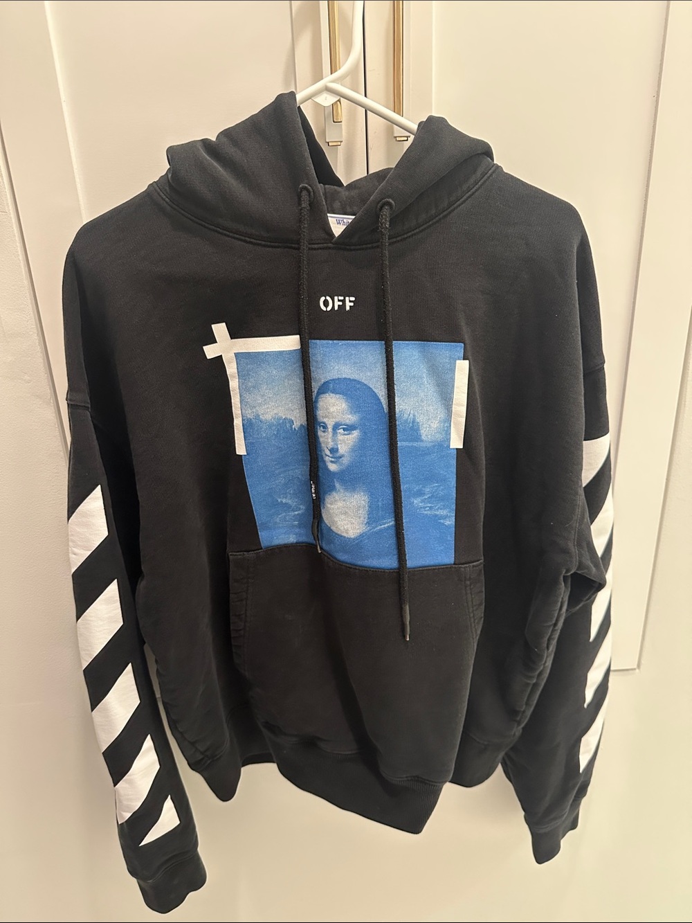 Off-White Black Hoodie with Blue Mona Lisa Graphic